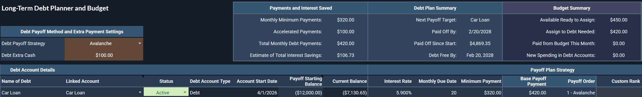 Debt payoff strategy and extra payment settings