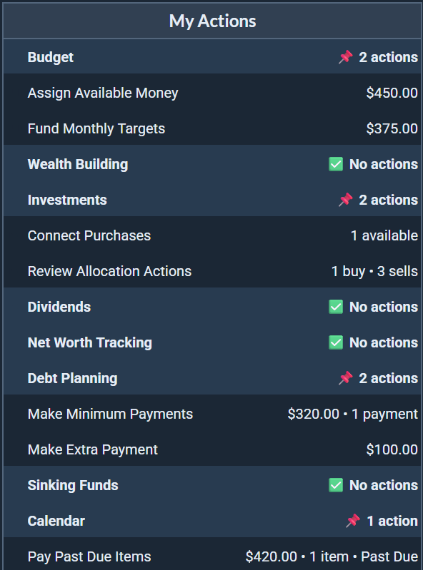 My Actions showing recommended and available actions