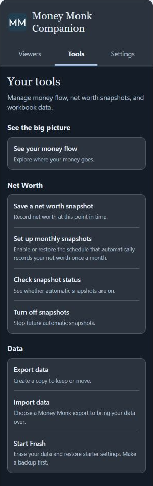 Money Monk Companion Tools tab with MM logo, money flow, net worth snapshots and data controls