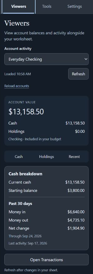 Viewers tab showing account balance, cash breakdown and recent money movement