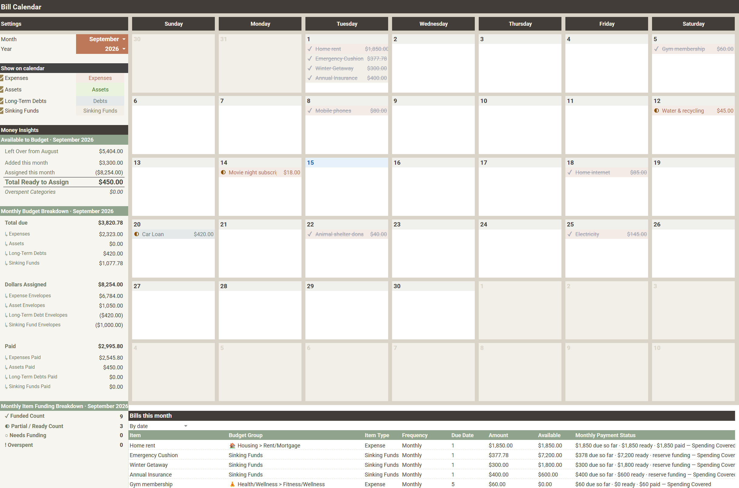 Bill Calendar with scheduled expenses, debt payments and sinking funds