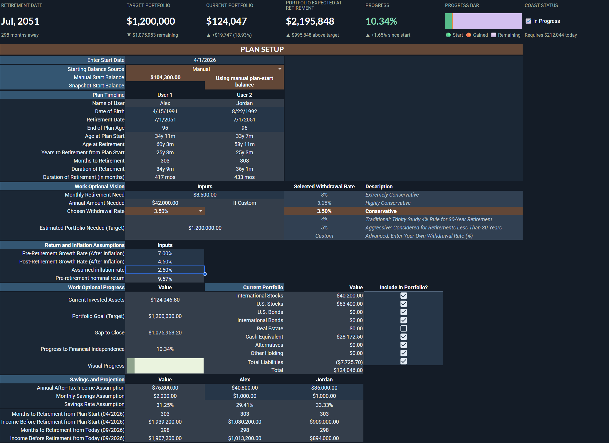 Retirement settings with timeline, portfolio target, savings and return assumptions