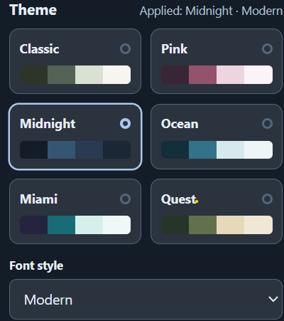 Theme settings: Classic, Pink, Midnight, Ocean, Miami and Quest, plus font style