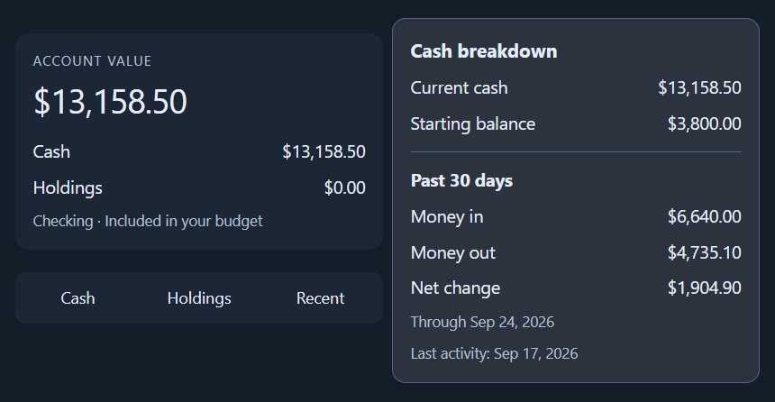 Account viewer detail cards showing account value and cash breakdown